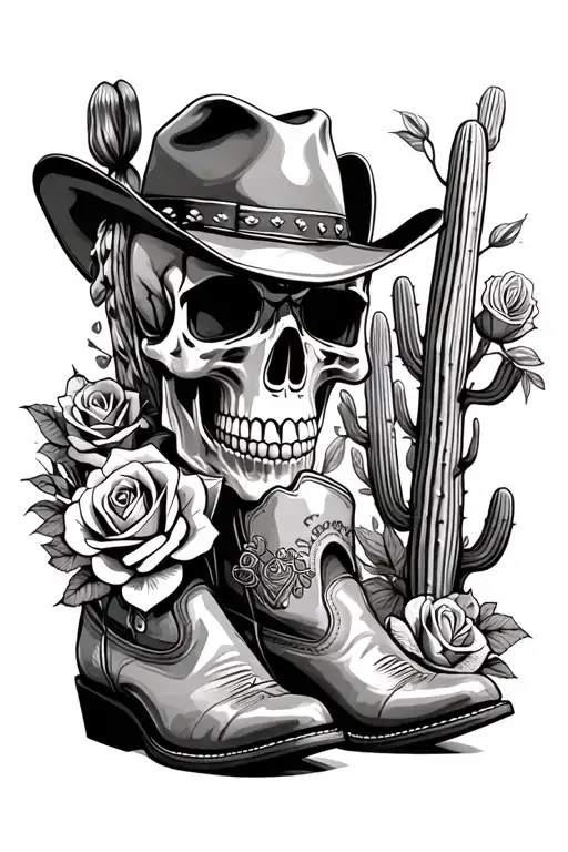 Cowboy Boots And Cowboy Skull With Roses And Cactus And Cowboy Hat