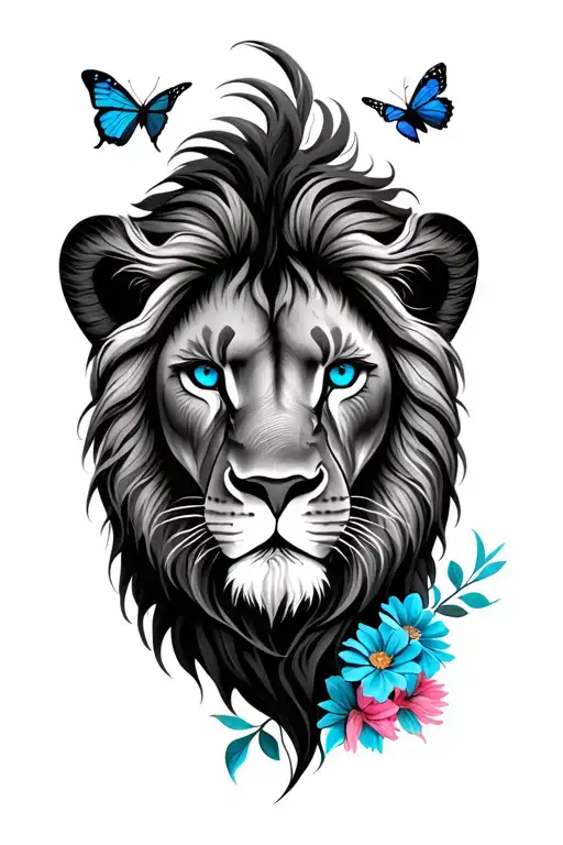 Lion Head With Blue Eyes Flowers And Butterflies