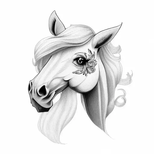 White Arab Horse Face Flowing Mane Peony Sweet Pea Rose Violet Poppy