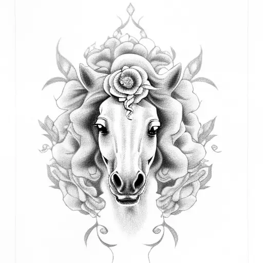 White Arab Horse Face Flowing Mane Peony Sweet Pea Rose Violet Poppy