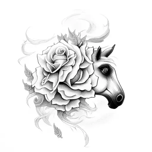 White Arab Horse Head Flowing Mane Peony Sweet Pea Rose Violet Poppy