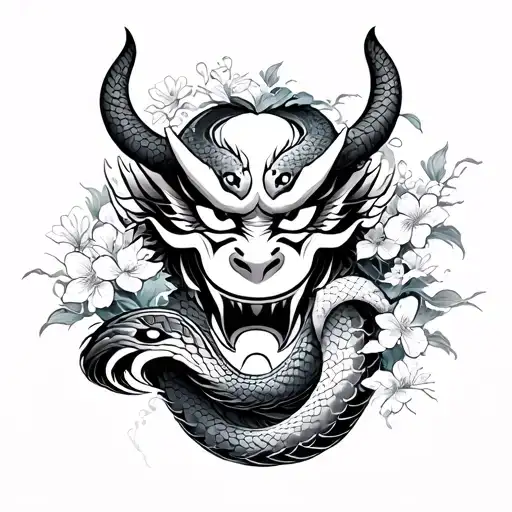 Oni Mask With A Snake And Waves With Cherry Blossoms