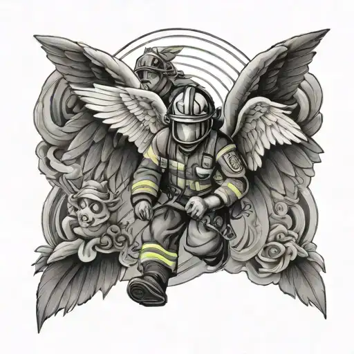 Firefighter With Wings And A Child In The Background