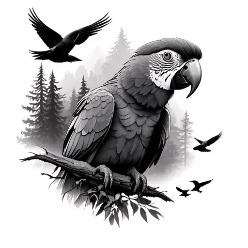 A Parrot With A Forest Background And 5 Black Birds Flying In The Forest