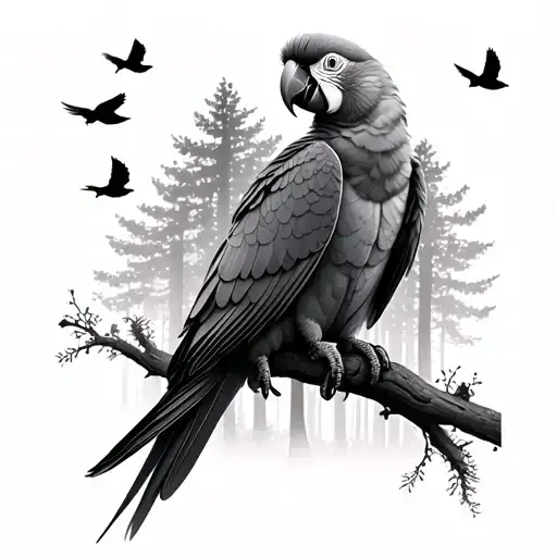 A Parrot With A Forest Background And 5 Black Birds Flying In The Forest