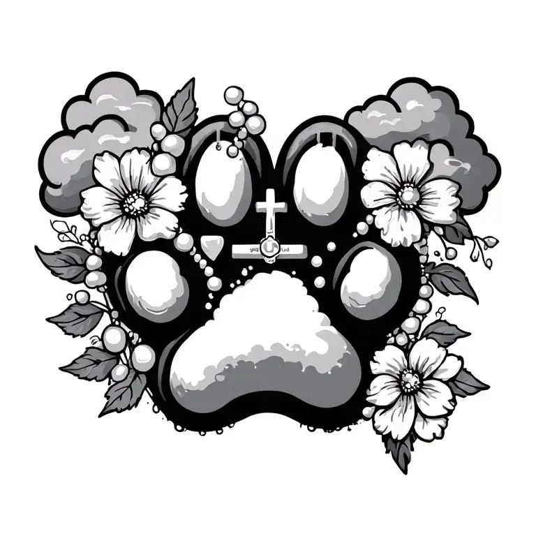 Paw Print With Clouds And Rosary And Flowers Black And Grey Chicano