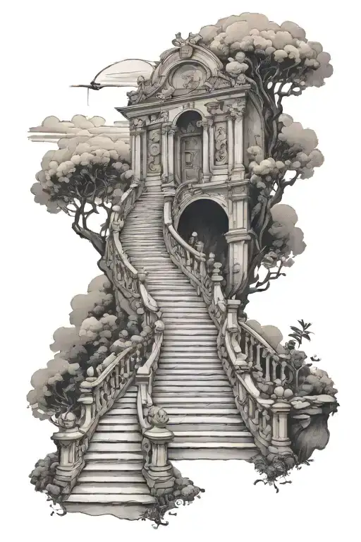 Person Walking Up To Stairs To Heaven Gates With Shading Around And A Quote