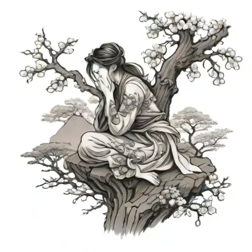 Sakura Tree On Hill Women Kneeling Praying