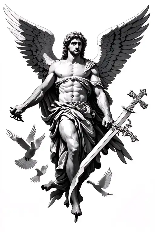 Archangel Michael With Wings Spread With A Sword Also Add A Cross And Doves