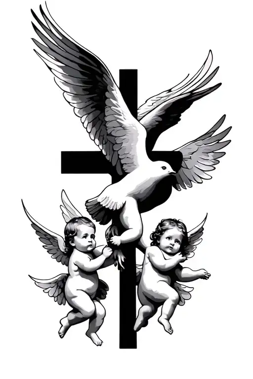 Cross Behind Flying Dove Surrounded By Flying Baby Angels