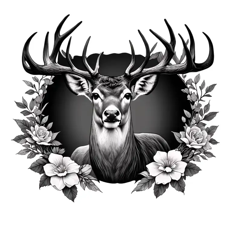 Tattoo In The Chest Of A Deer In A Realistic Style And In The Horns Have Some Flowers