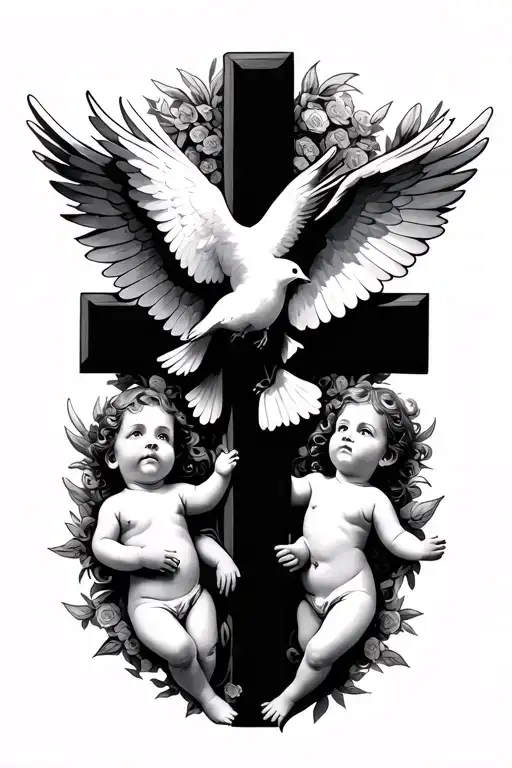 A Cross Behind A Dove Surrounded By Baby Angels