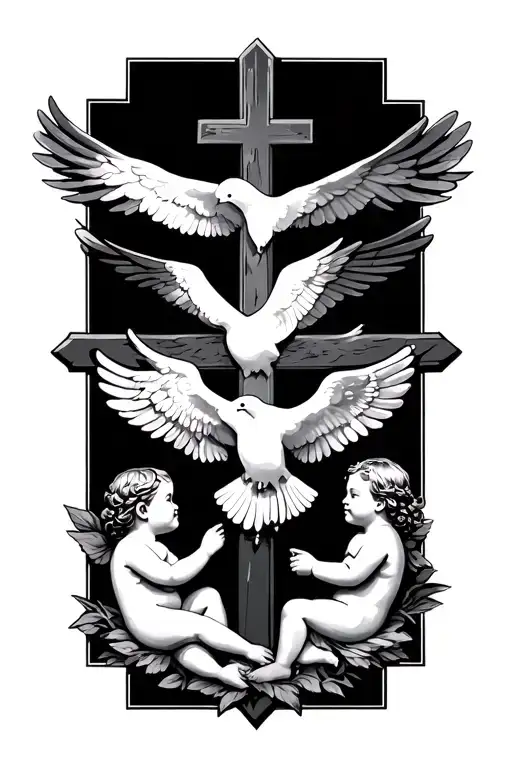 A Cross Behind A Dove With Baby Angels