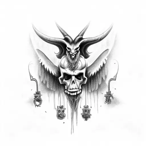 A Haunting Black And Grey Portrait Of A Death Baphomet Surrounded By Skulls