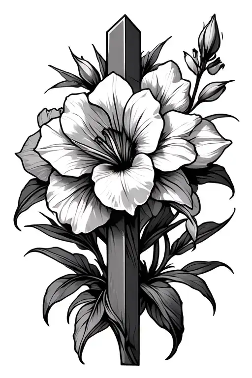 Cross Scene With A Gladiolu Flower Behind It