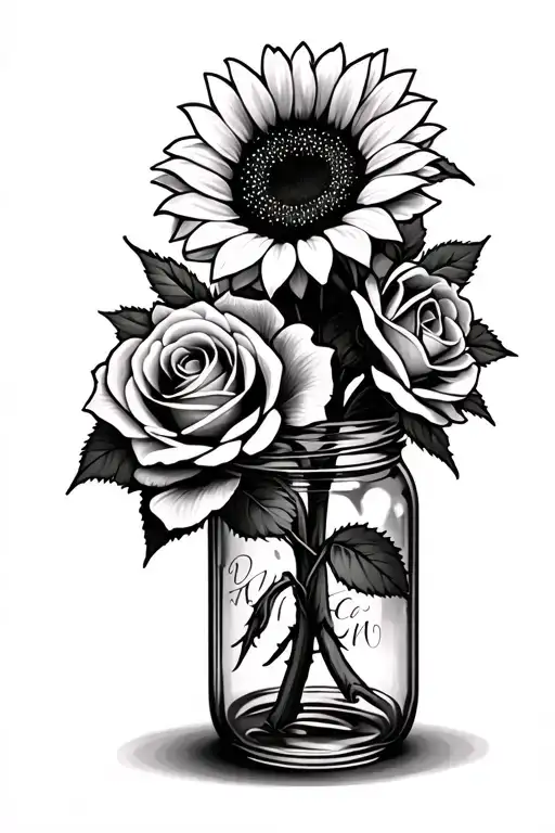 Sunflower And Rose In A Mason Jar