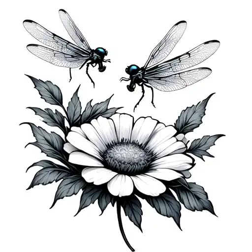 Two Dragon Flies And Marigold Flower