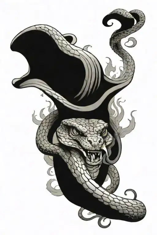 The Snake Lies In The Grail With Cigarette Butts And Smokes A Cigarette