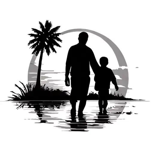 Father And Son Silhouette Walking Into A Setting Sun