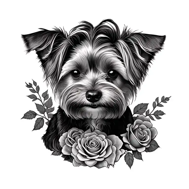 Yorkshire Terrier With A Robin And Roses