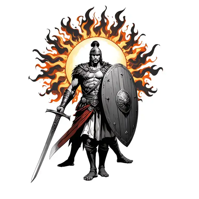 A Sun In Flames With A Gladiator With His Shield And His Sword