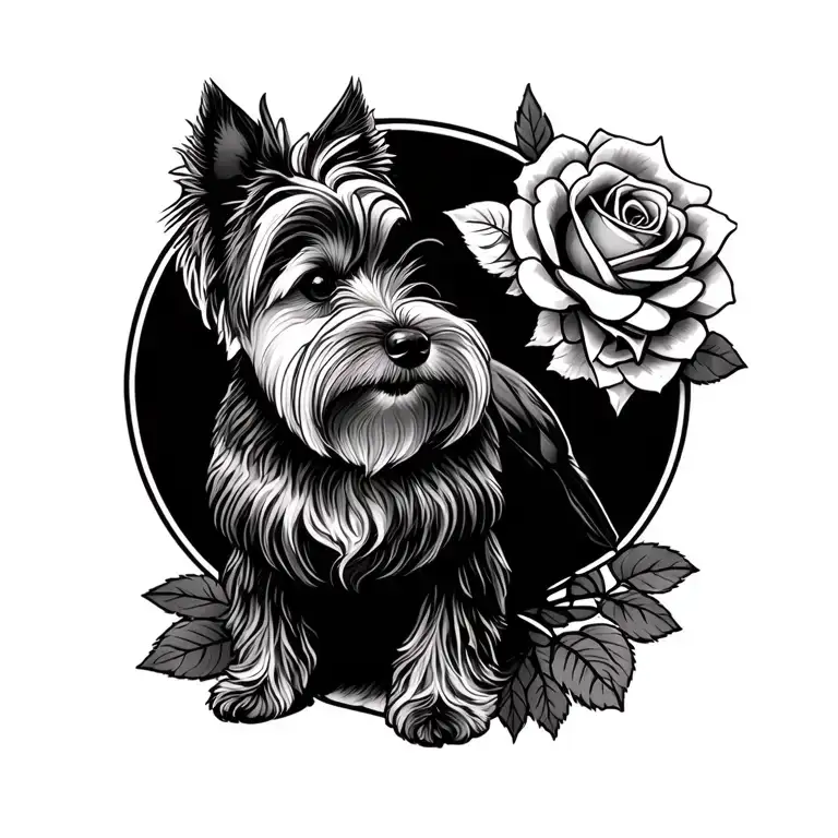 Yorkshire Terrier With A Robin And Roses Intertwined