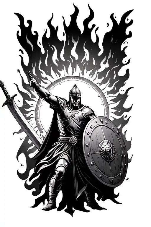 A Sun In Flames With A Gladiator With His Shield And His Sword When An Enemy Defeated