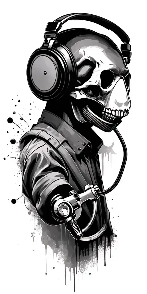 Skull Wearing Headphones And Spraypainting Respirator With Spraygun And Vinyl Turntables
