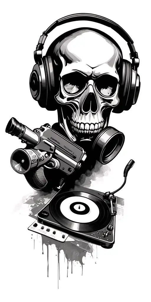 Skull Wearing Headphones And Spraypainting Respirator With Spraygun And Vinyl Turntables