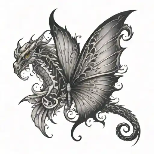 Half Butterfly Wings With A Dragon With Wing