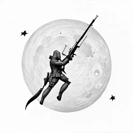 A Silhouette Of A Hunter Aiming At The Moon