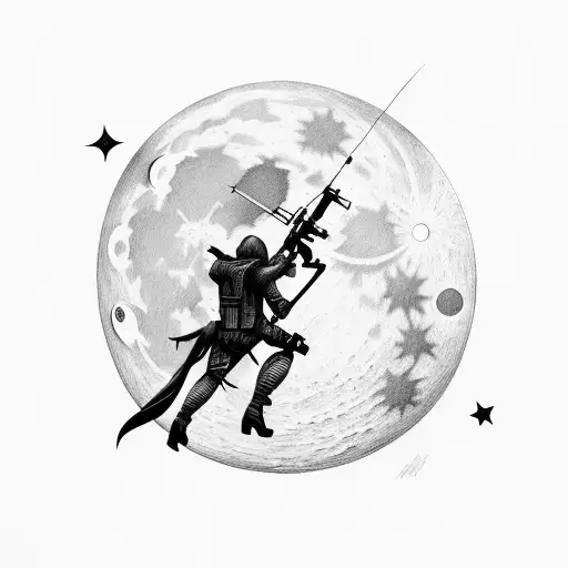 A Silhouette Of A Hunter Aiming At The Moon