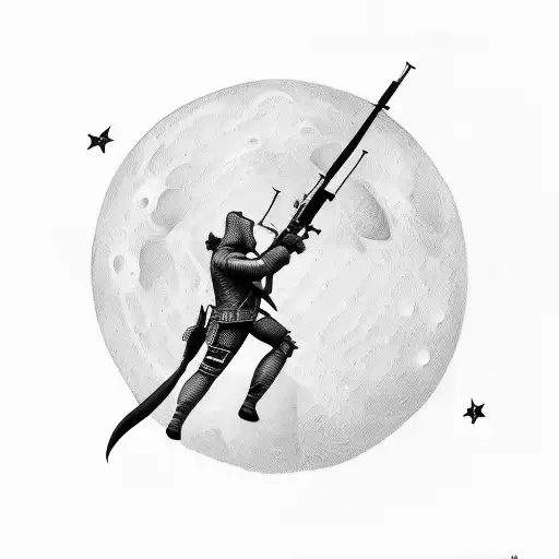 A Silhouette Of A Hunter Aiming At The Moon