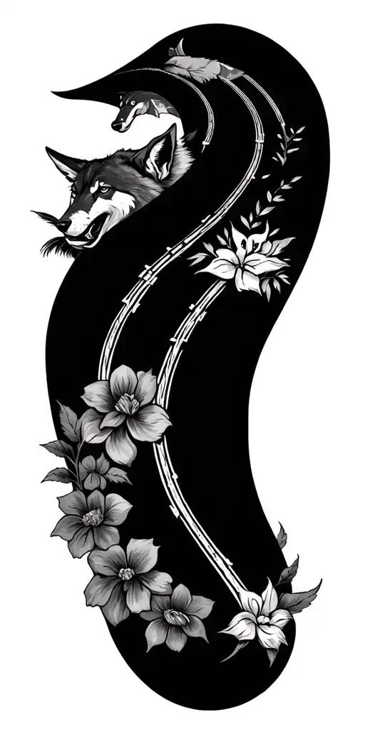 Viking Symbol And Race Track And Flowers And Wolves