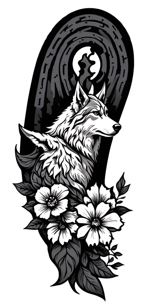 Viking Symbol And Race Track And Flowers And Wolves