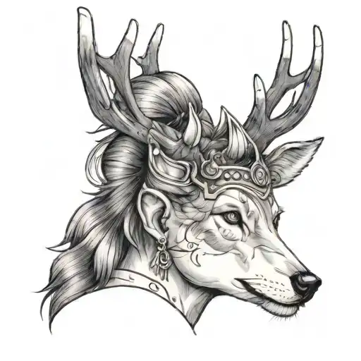 Girl With Antlers And Wolf On Top Of Her Head