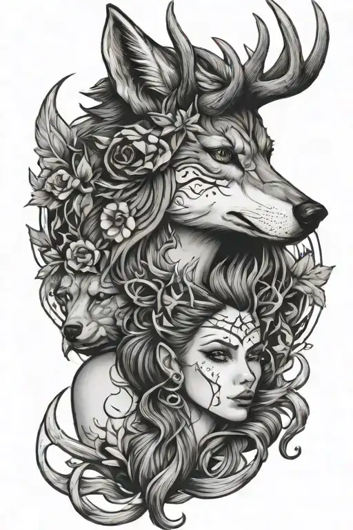 Girl With Antlers And Wolf Head