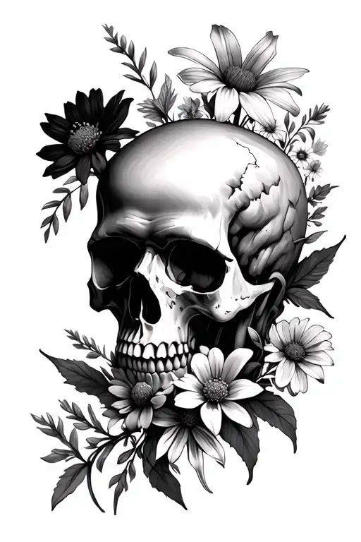 Barely Visible Skull Facing To The Side Hidden By Wild Flowers Of Different Varieties