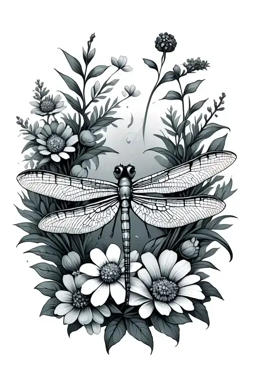 Dragonfly Surrounded By Nature And Flowers Growing