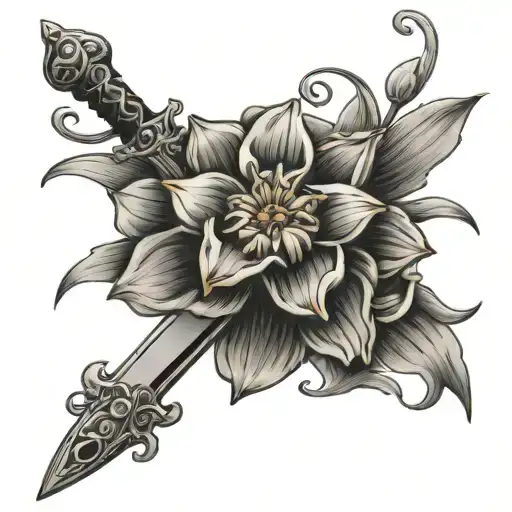 Sword With Narcissus Flower Wrapped Around Simple Fine Line