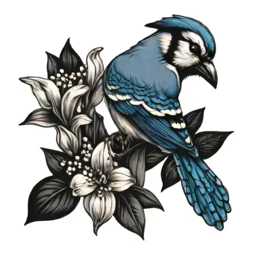 Blue Jay Holding Lily Of The Valley Flower