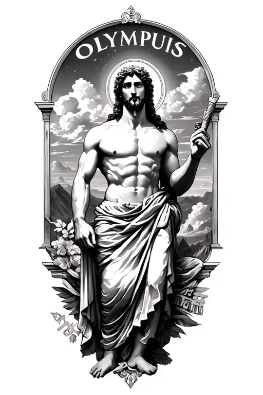 Greek God Figure Surrounded By Sky Olympus Tempel And Letters