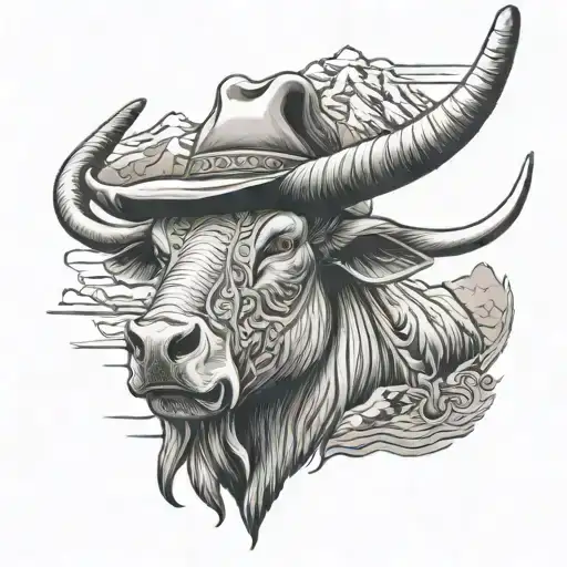 Longhorn With Mountains In The Horns And A Cowboy On The Side Of The Skull
