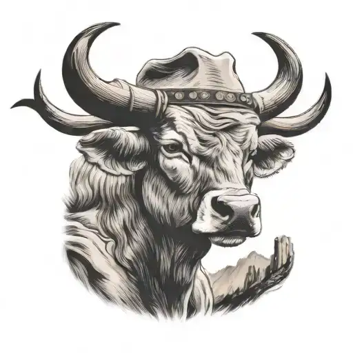 Longhorn With Mountains In The Horns And A Cowboy On The Side Of The Face