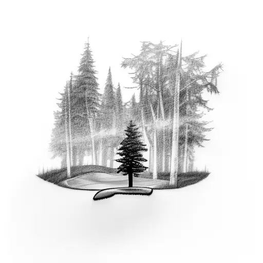 A Sketch Style Tattoo Of A Golf Course Landscape With A Hidden Husky Silhouette