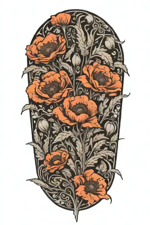 Ferns And Poppies In The Style Of Anton Mucha
