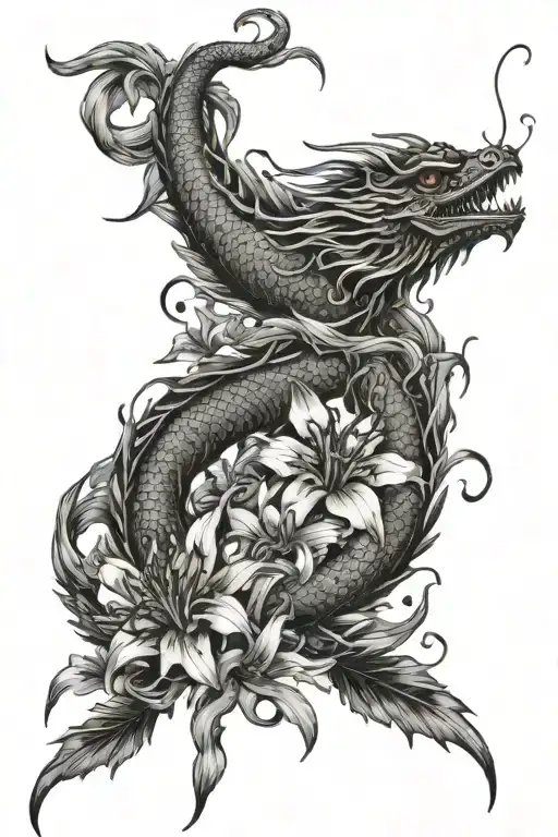 Lycoris Radiata Higanbana Flowers With A Dragon And Koi Carpe