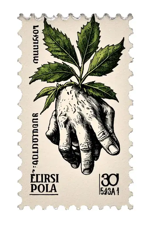 Italian Stamp With An Olive Leaf And Michelangelo's Hand