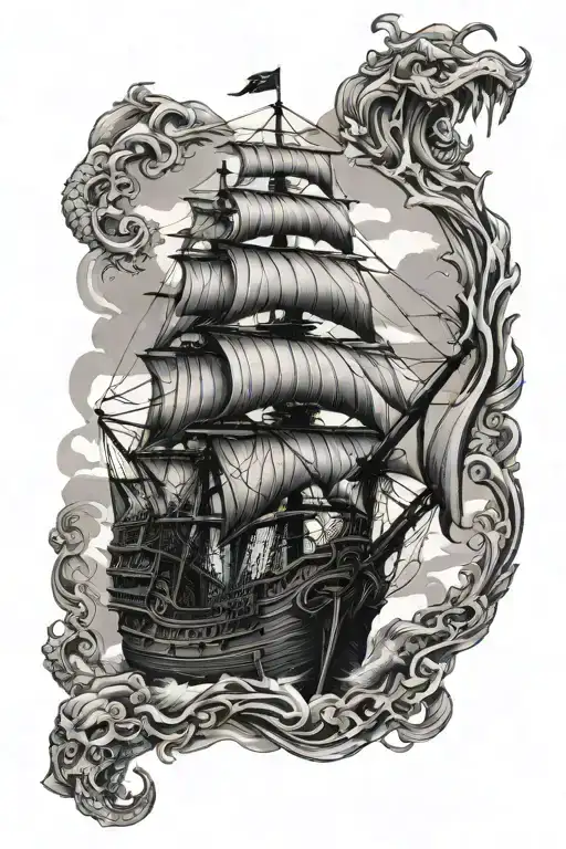 Kraken And Pirate Ship Navigating