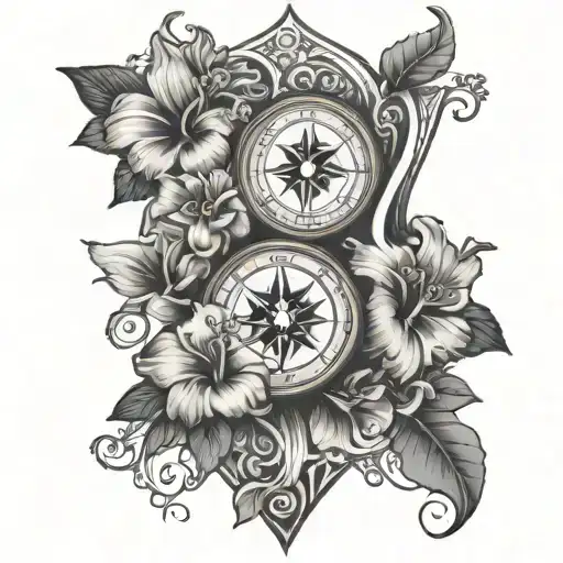 Hour Glass Hibiscus Flowers Compass Rose Intertwined
